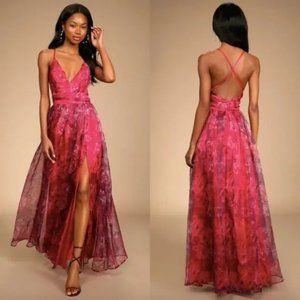 NWT Lulus Romance That Wows Magenta Floral Print Organza Maxi Dress Size XL